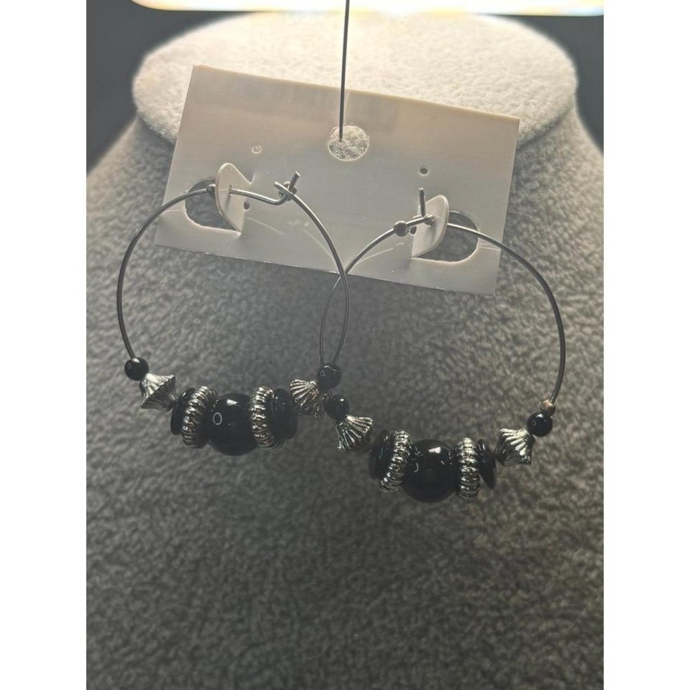 Black Silver-tone Beaded Wire Hoops